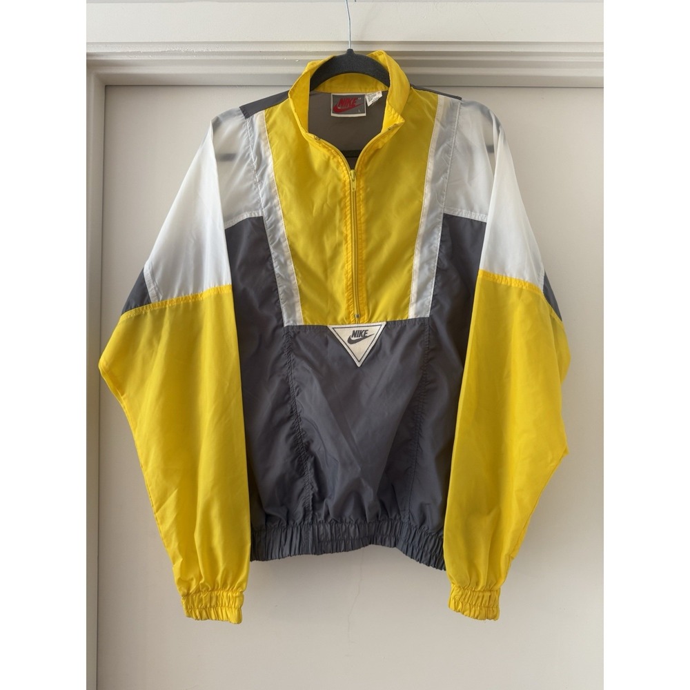 Men L Vtg 80s NIKE Yellow Gray White Colorway Windbreaker Pullover Sports Jacket